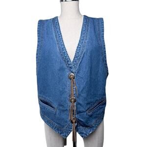 Russ Sport Denim Vest Fringe Boho Western Button Vintage 90s Sz 14